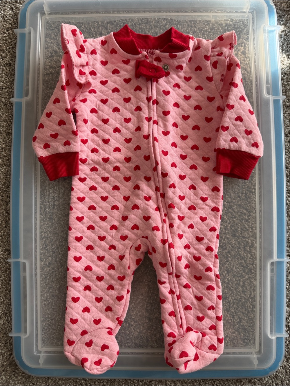 Pink Heart-Print Footed One-Piece with Red Trim